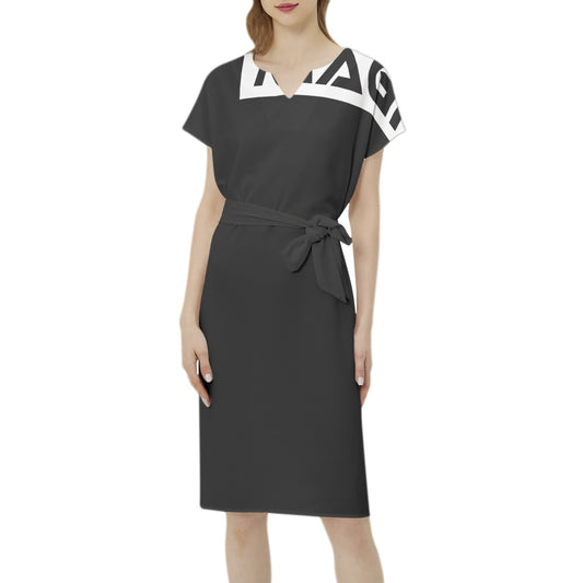 Magnet Betwing Seleeve Notch Neck Casual Dress with Belt