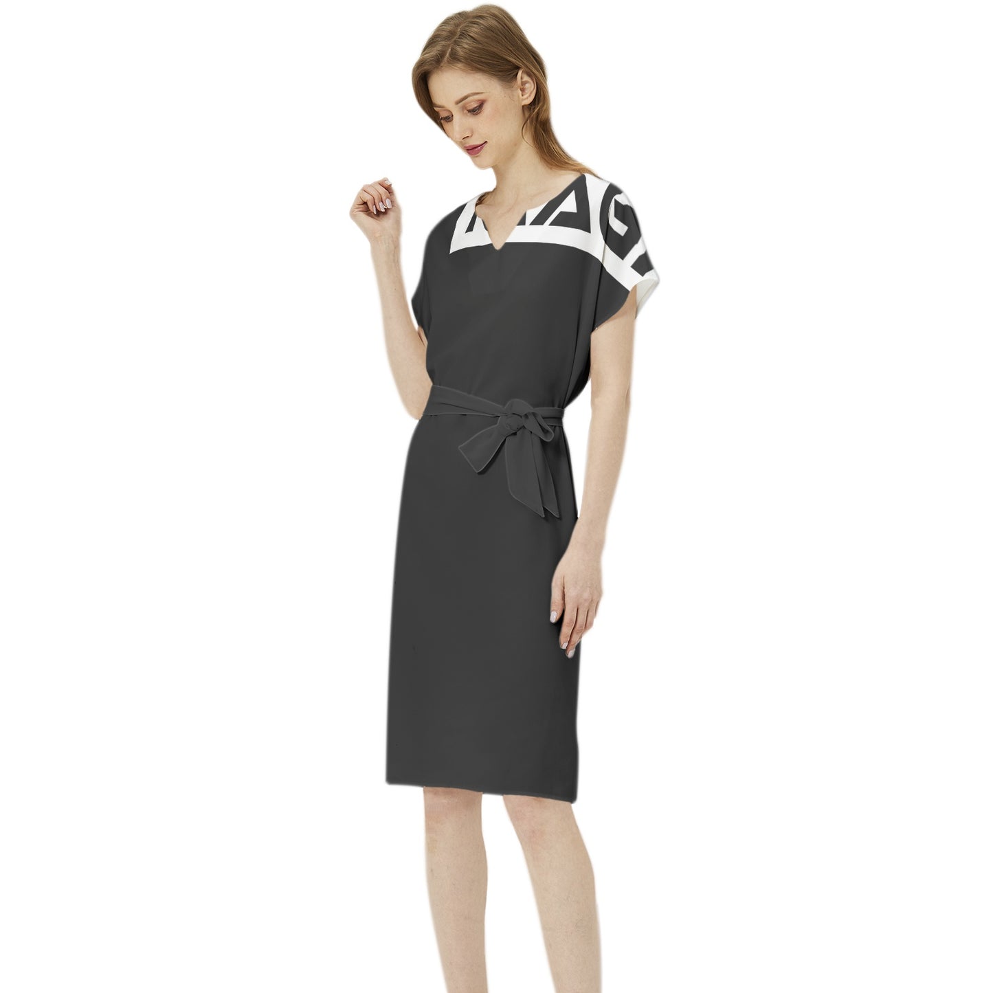 Magnet Betwing Seleeve Notch Neck Casual Dress with Belt
