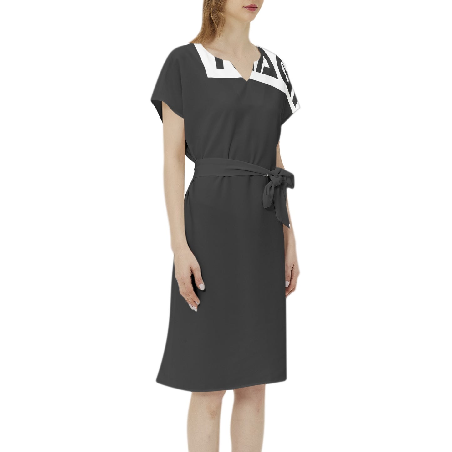 Magnet Betwing Seleeve Notch Neck Casual Dress with Belt