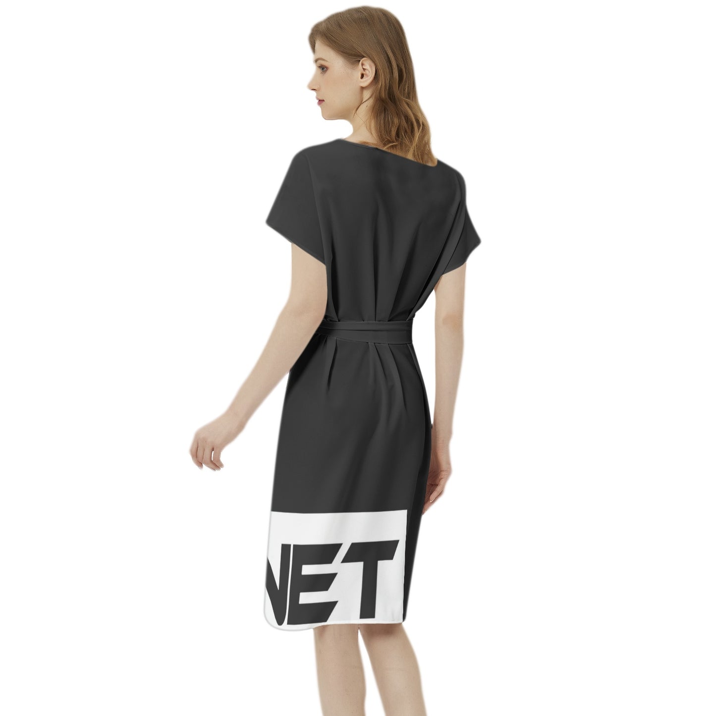 Magnet Betwing Seleeve Notch Neck Casual Dress with Belt